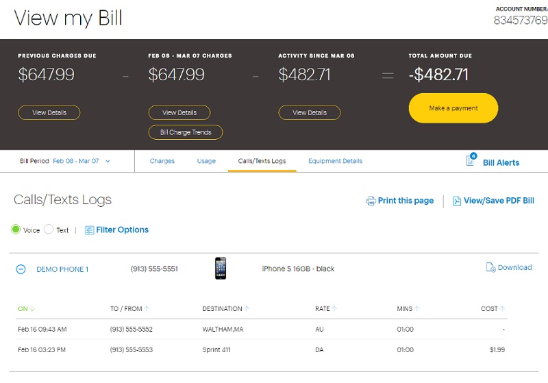 View Billed Sprint Call or Text Log Details Online